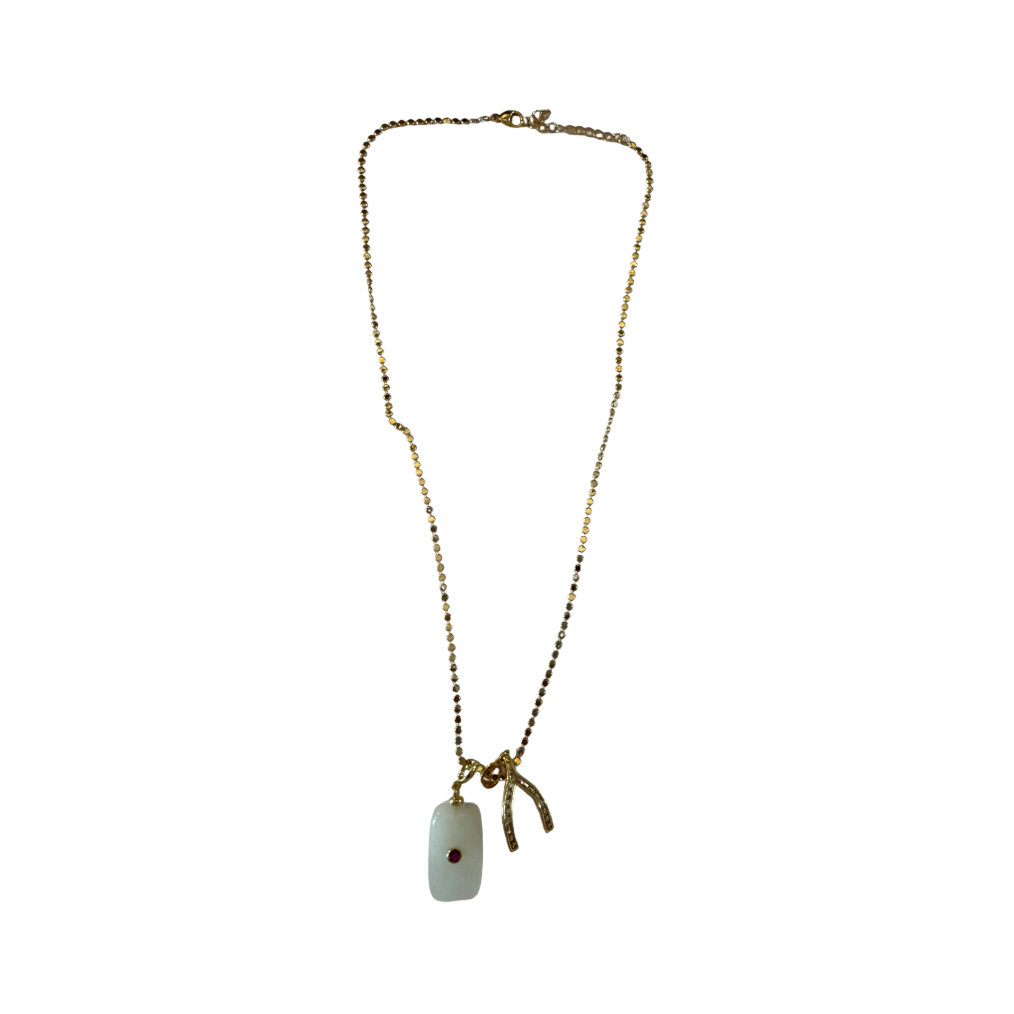 Gold Small Coin Chain with Faux Diamond Wishbone and Rectangular Gemstone