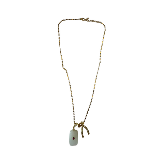 Gold Small Coin Chain with Faux Diamond Wishbone and Rectangular Gemstone