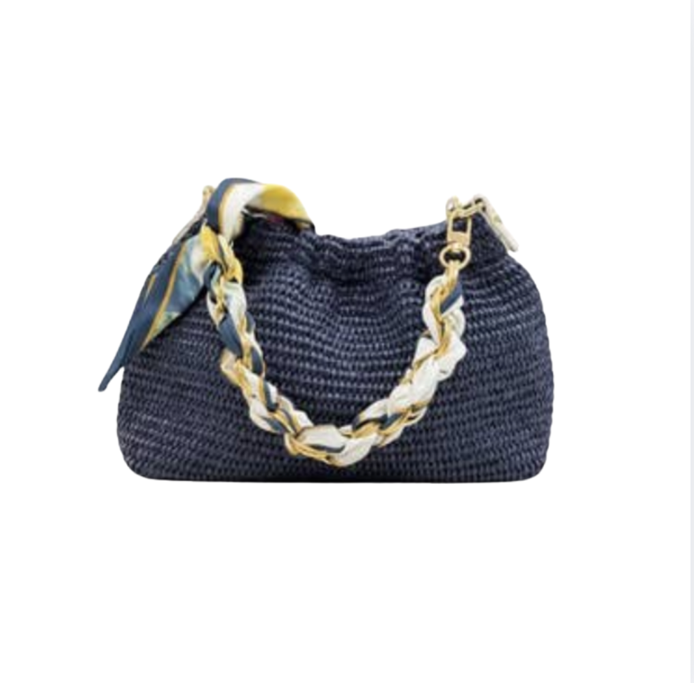 German Fuentes Raffia Chain-Handle Hand Bag | Navy