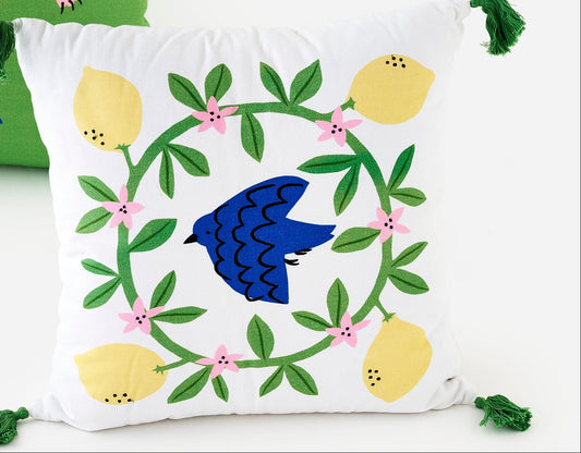 Blue Bird & Lemon Pillow 22x22