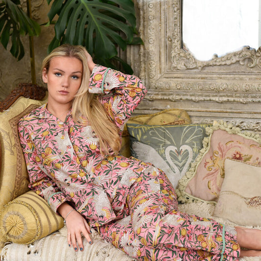 Pink Tropical Bird & Pomegranate Print Pajama Set