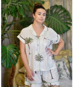 Palm Trees Print Short Pajama Set With Piping