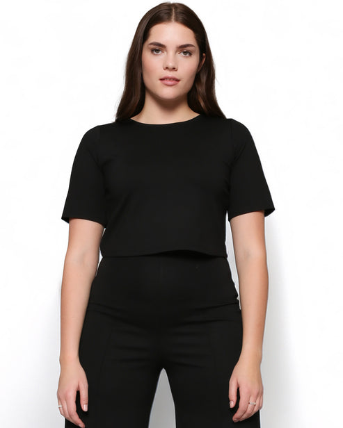 Ripley Rader Cropped Black Ponte Knit Short Sleeve Top