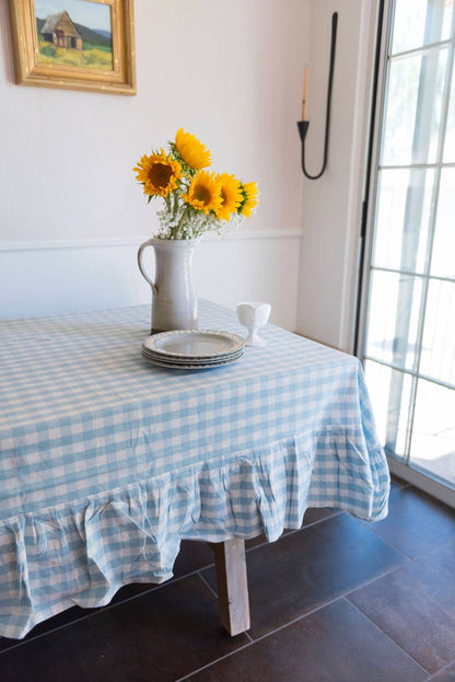 Blue Ruffled Gingham Tablecloth: 70" Round