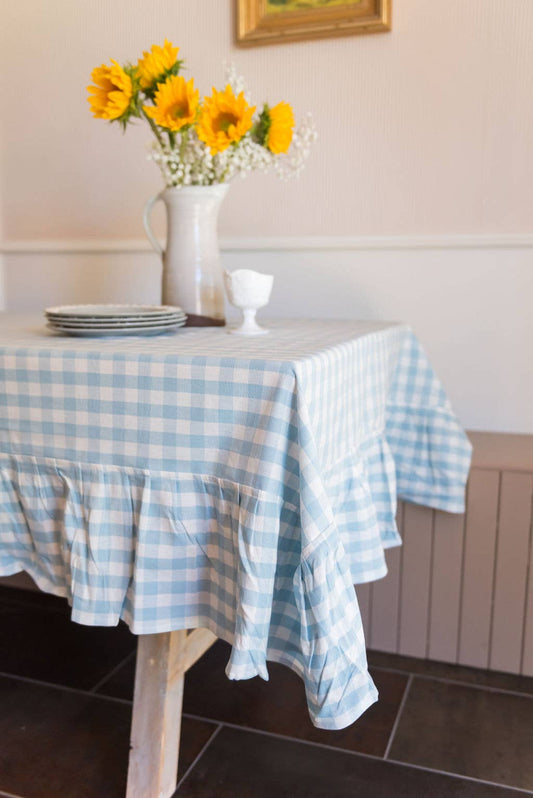 Blue Ruffled Gingham Tablecloth: 70" Round