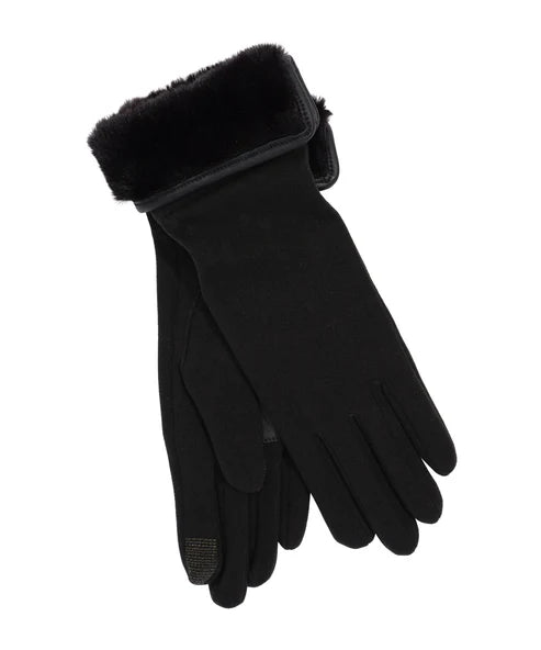 Comfort Stretch Fold Down Faux Fur Cuff Gloves- Black