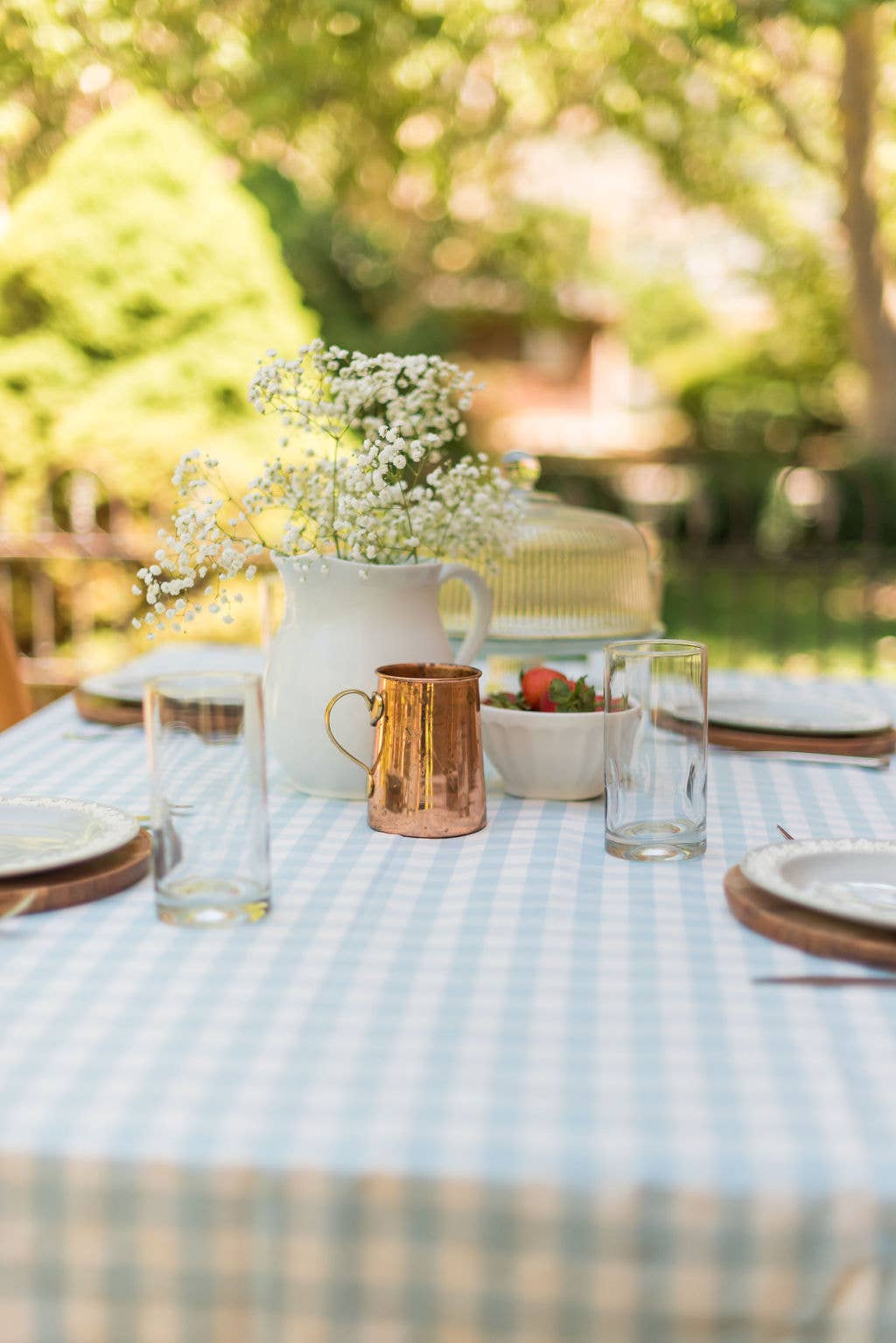 Blue Ruffled Gingham Tablecloth: 70" Round
