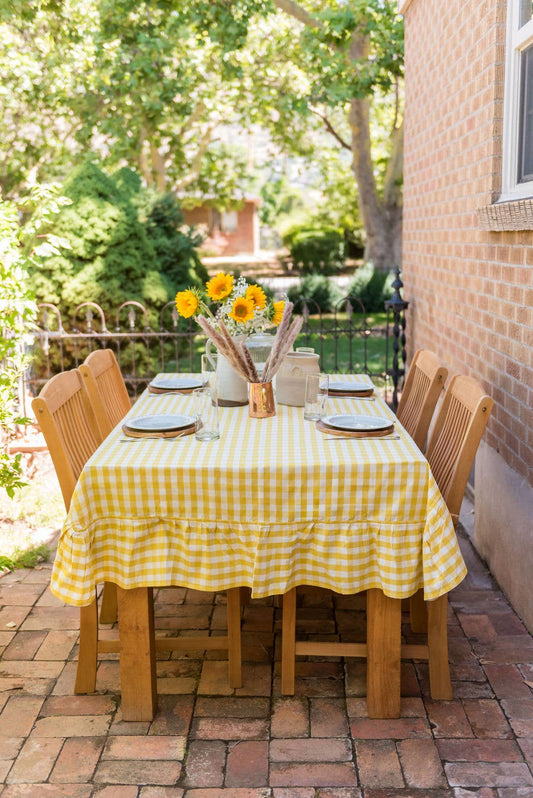 Yellow Ruffled Gingham Tablecloth: 70" Round