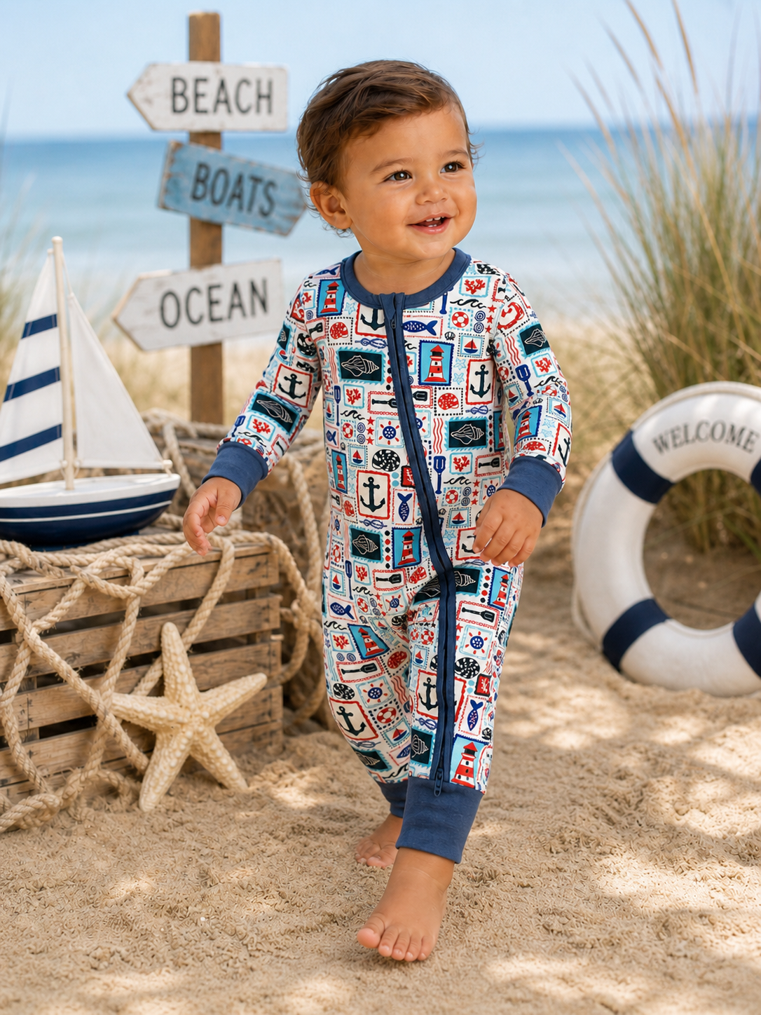 SpearmintLOVE 2-Way Zip Romper | Seaside Stamps: