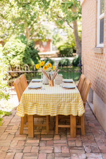 Yellow Ruffled Gingham Tablecloth: 70" Round