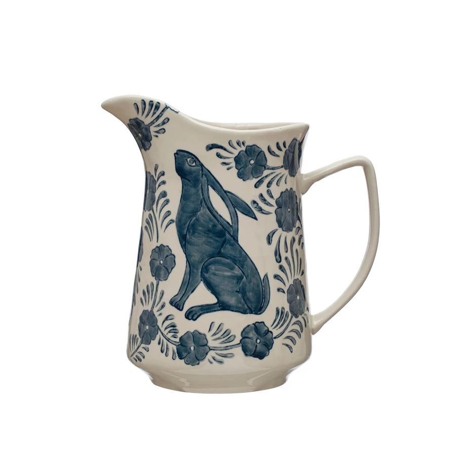 Blue and White Painted Rabbit Stoneware Pitcher