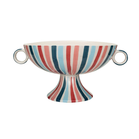 Hand-Painted Stoneware Footed Bowl With Handles & Stripes