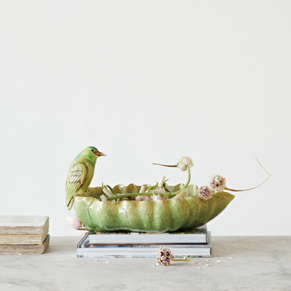 Decorative Resin Leaf Shaped Bowl With Bird