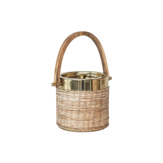 Woven Rattan Ice Bucket With Mango Wood Handle