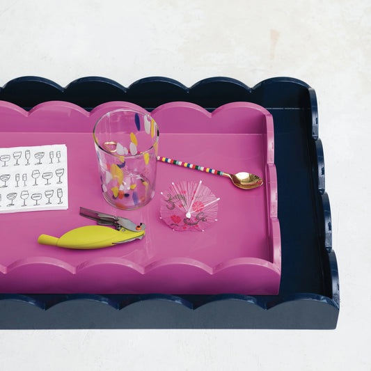 Pink Lacquered Scalloped Tray with Handles