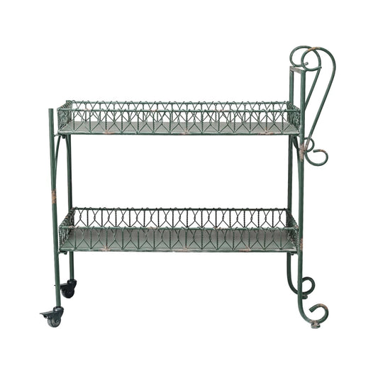 Green Metal 2-Tier Bar Cart on Casters, Distressed Finish