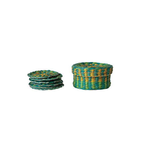 Hand-Woven Seagrass Coasters with Holder & Lid, Set of 7