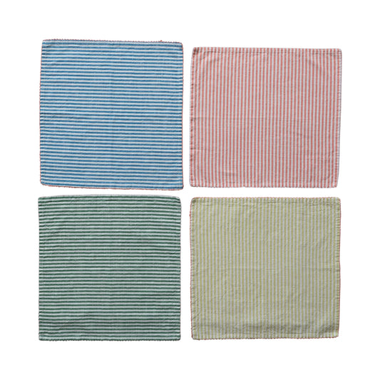 Woven Cotton Striped Napkins with Stitched Colored Trim- Set of 4