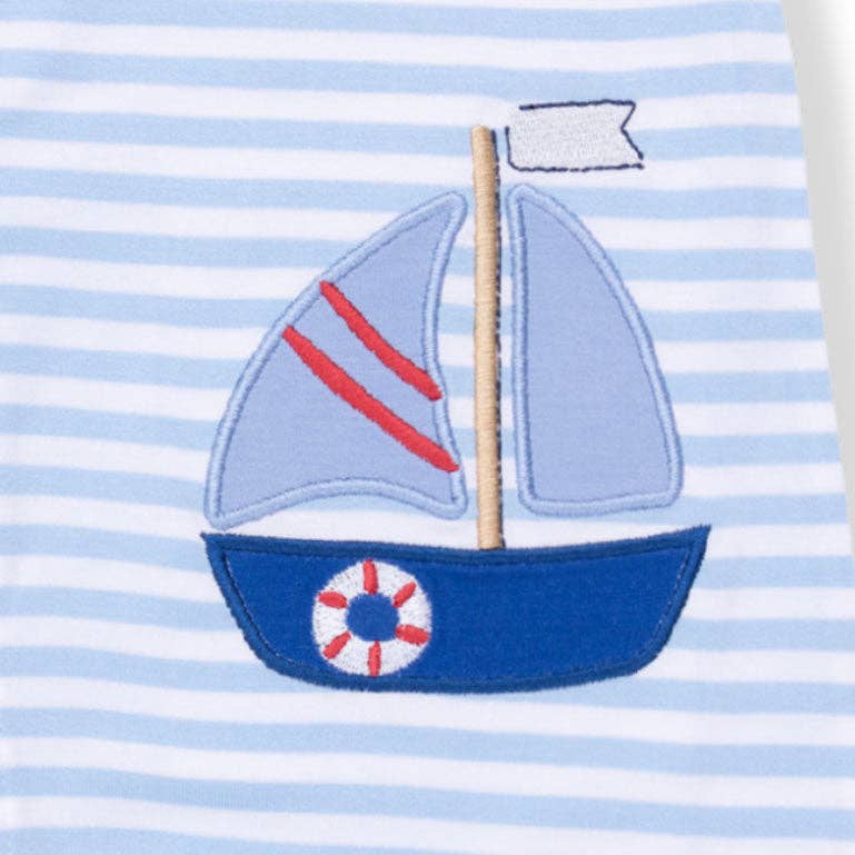 Angel Dear Bubbly Sailboat Stripe | Blue Sleeveless Romper