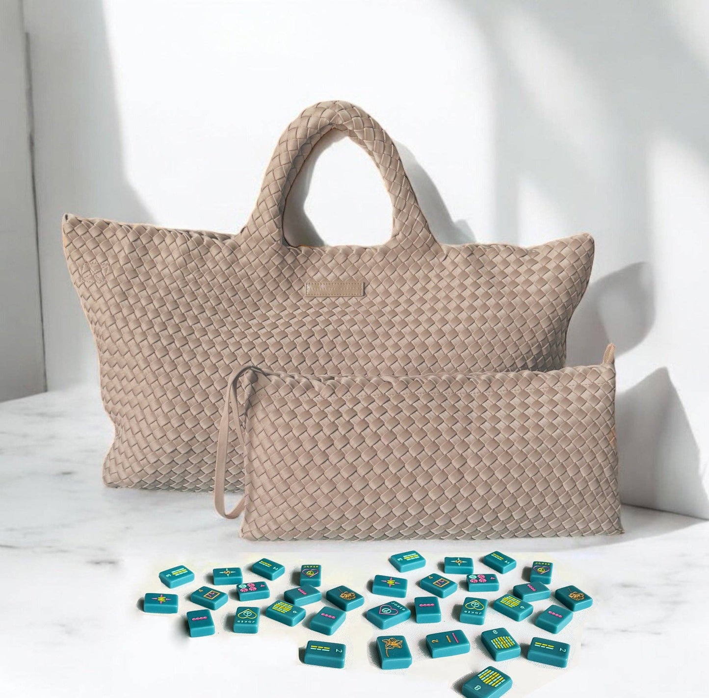 Peace Love Mahjong Woven Mahjong Carryall Bright Pink
