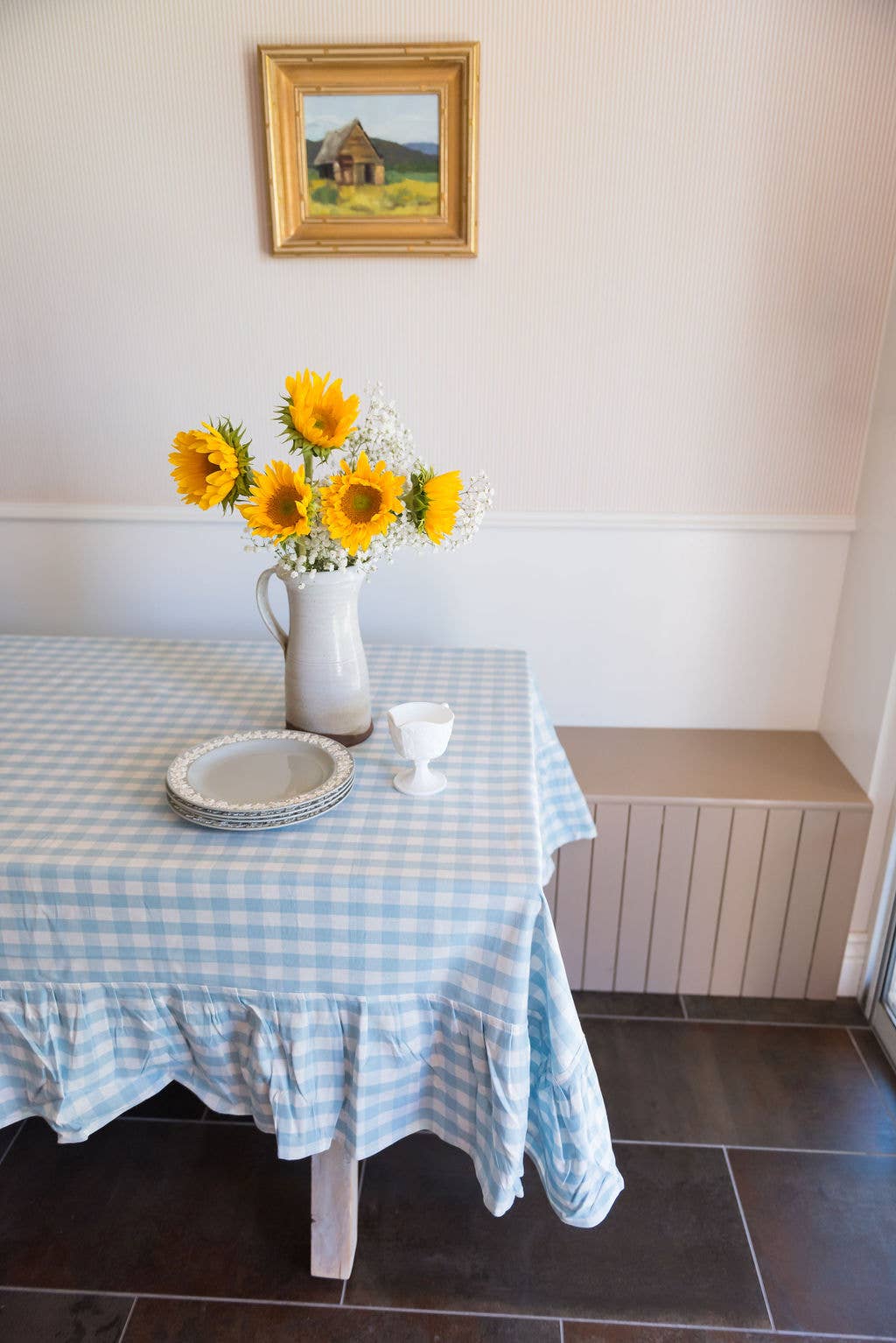 Blue Ruffled Gingham Tablecloth: 70" Round