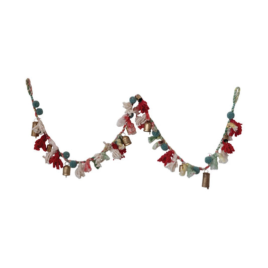 Wool and Cotton Blend Garland with Pompoms and Metal Bells