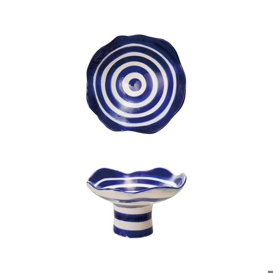 Stoneware Footed Bowl with Blue Stripes