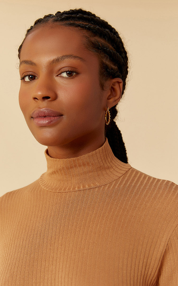 Ribbed High Collar Top in Cappuccino