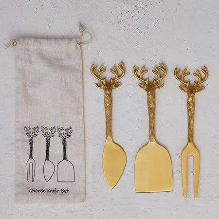 Brass Cheese Knives with Reindeer Handles