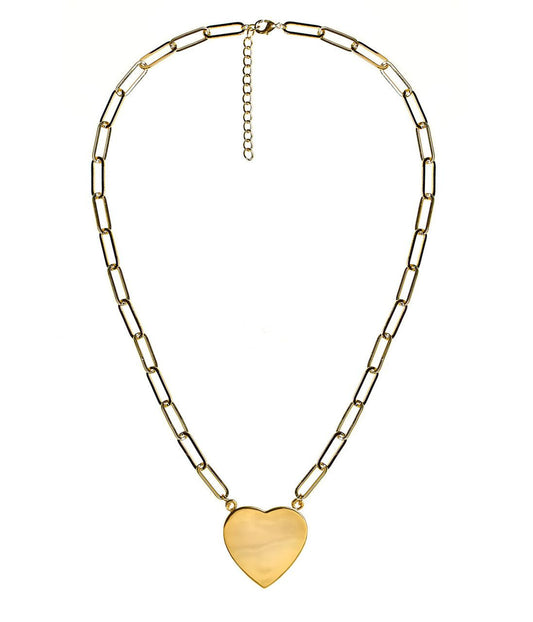 Gold Flat Heart Charm Necklace With Paper Clip Chain - 18k Gold Plated