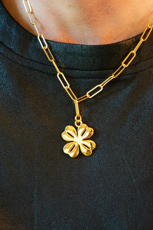 Gold Shamrock Charm Necklace With Paper Clip Chain - 18k Gold Plated