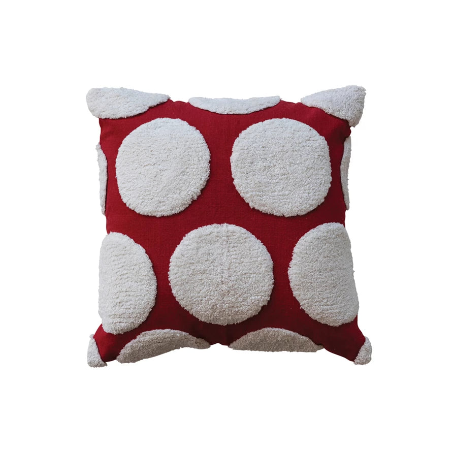 18" Square Cotton Slub Pillow with Tufted Dots- Red & White