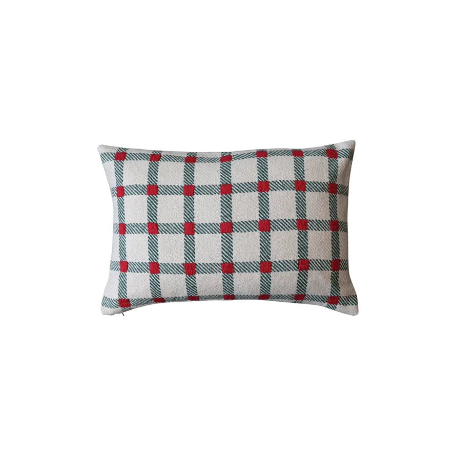 Green and Plaid Cotton Lumbar Pillow