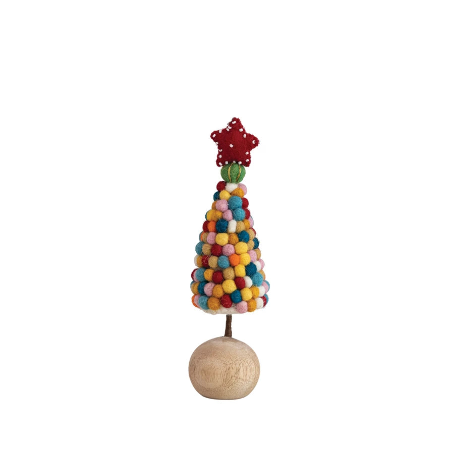 Handmade Wool Felt Tree With Beaded Star and Wood Ball Base