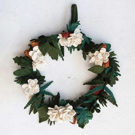 Round Handmade Wool Felt Wreath with Appliqued Leaves and Flowers