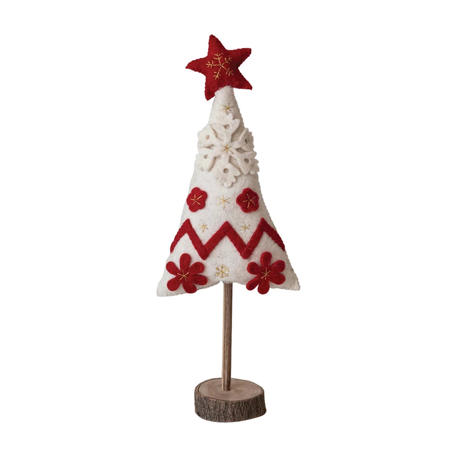 White and Red Handmade Wool Felt Christmas Tree