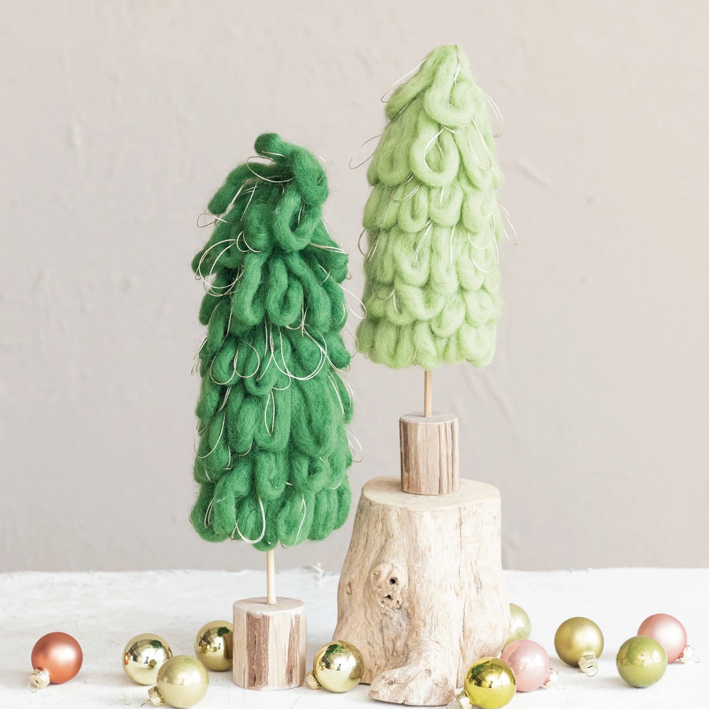 Wool Tree with Gold Cord and Wood Base- Dark Green