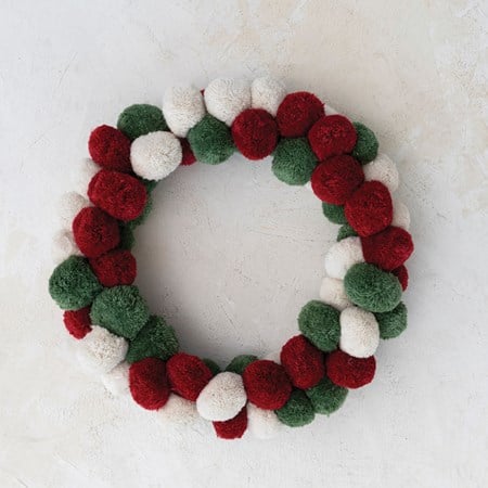 18" Round Wool Pom Pom Wreath- Red/Green/Cream