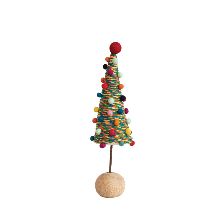 Handmade Wool Felt Tree With Pompoms and Wood Base