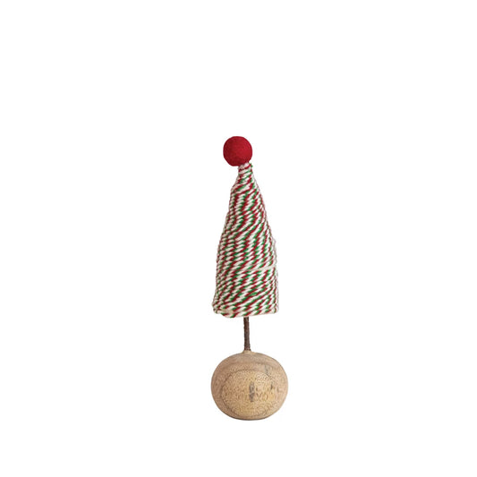 Handmade Wool Felt Wrapped Tree With Pompom and Wood Base, Green and Red, Cream Stripe