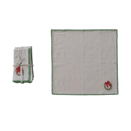 Napkins with Embroidered Wreath- Set of 4