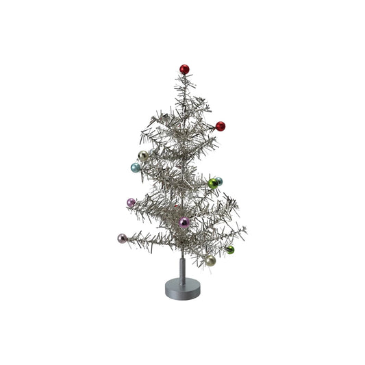 Silver Tinsel Tree With Multicolor Ball Ornaments- 13"