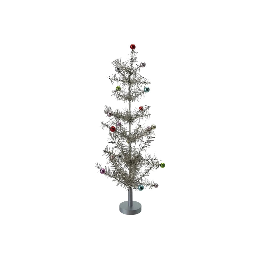 Silver Tinsel Tree With Multicolor Ball Ornaments- 17"