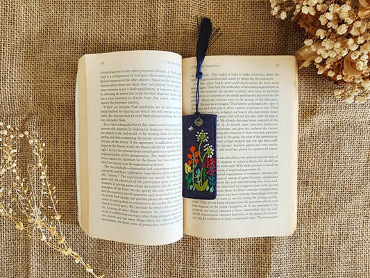 Vintage Linen Bookmark With Cute Floral Embroidery: 1.Flower Garden-Navy