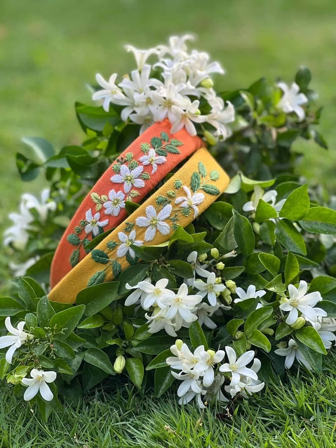 Lily Of The Valley Embroidered Headband in Apricot - Orange