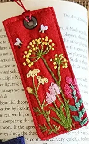 Vintage Linen Bookmark With Cute Floral Embroidery: 2.Flower Garden-Red