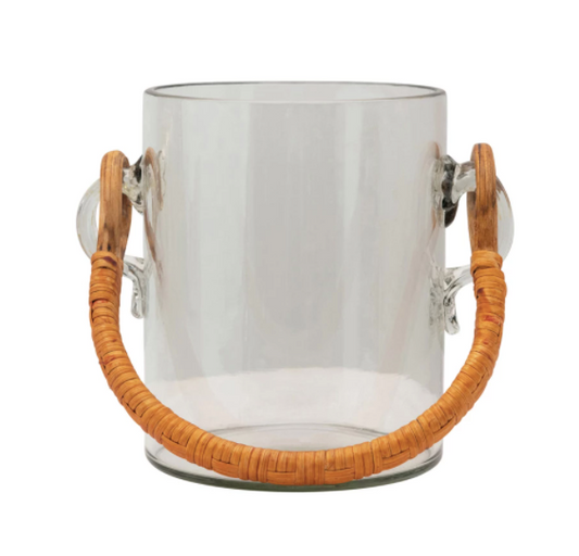 11"Lx9"H Glass Ice Bucket w/Bamboo Handle