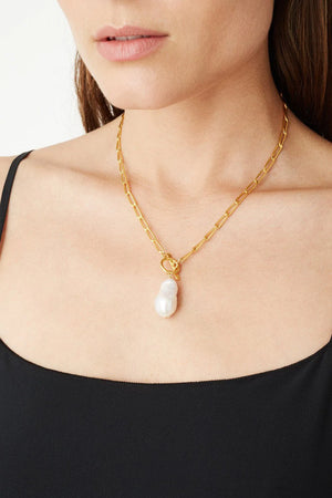 Chan Luu White Baroque Pearl Gold Toggle Necklace